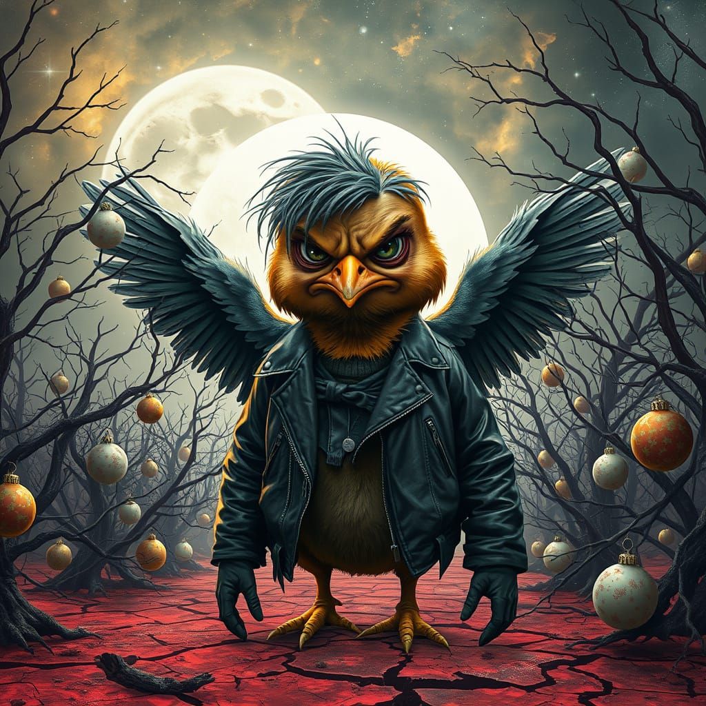 Grumpy Chick in Gritty, Mystical Sci-Fi Landscape