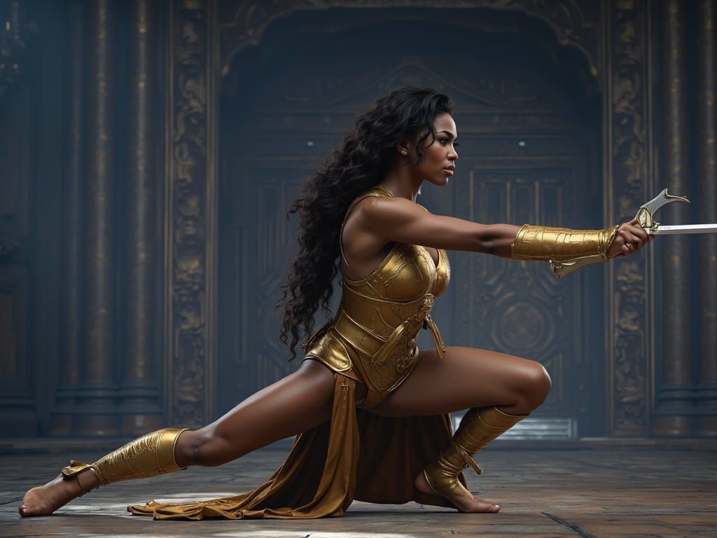 Warrior Goddess in Golden Armor Embodies Fierce Power