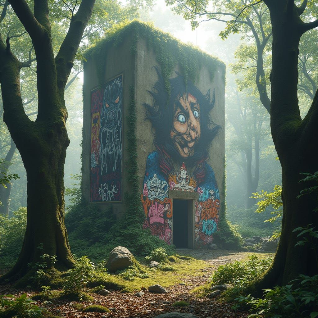 Monolithic Graffiti Tower in Misty Forest, Street Art Style