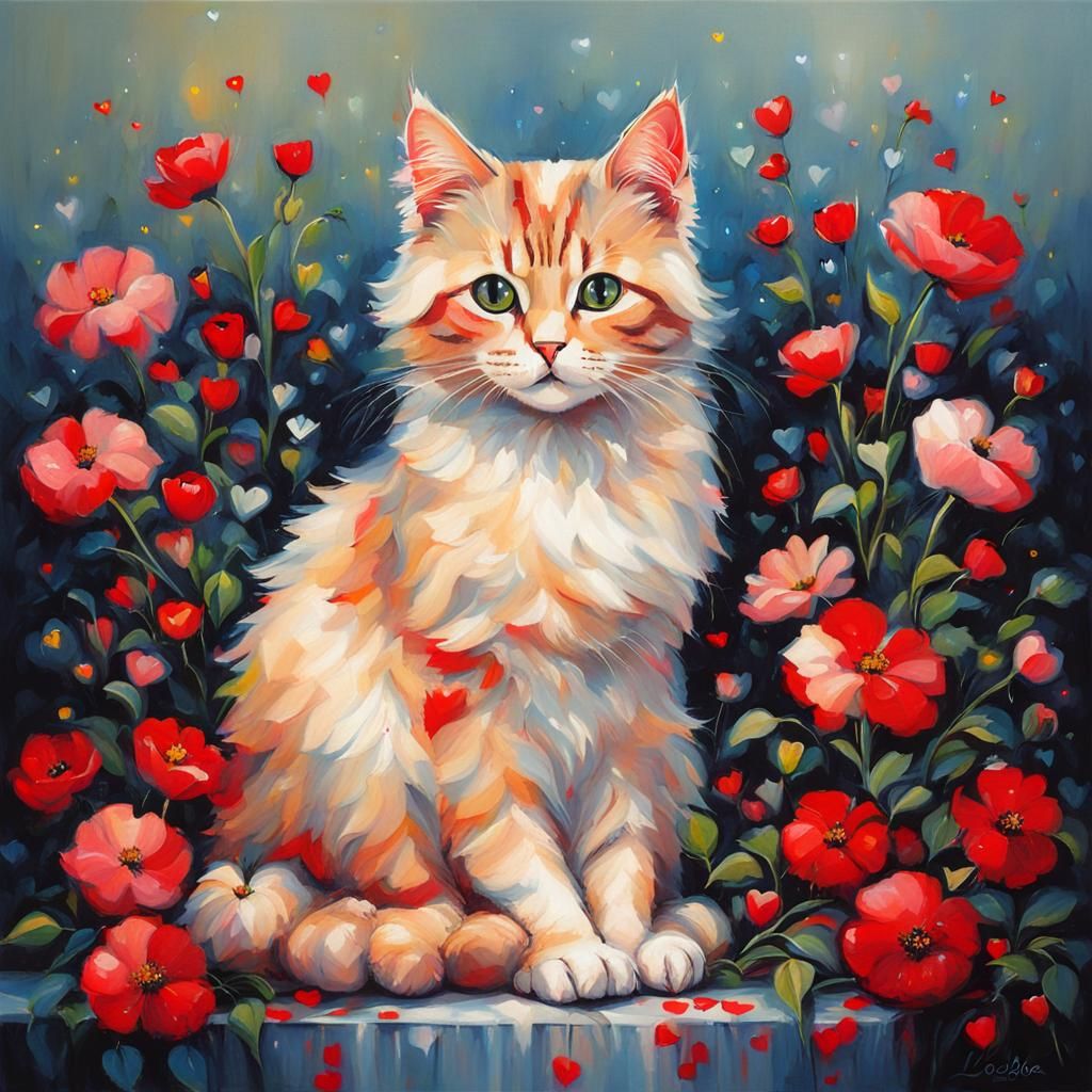 Whimsical Surrealist Painting of a Cat Amidst Blooming Flowe...