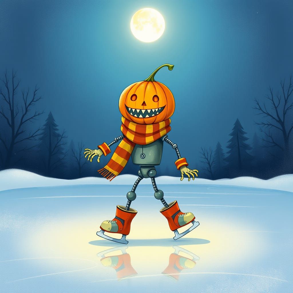 A robot with a shark-faced-carved-pumpkin-head-face dancing and does a magic trick i guess! LOL