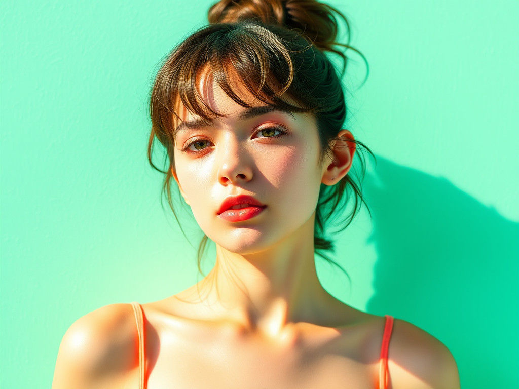 Minimalist Mint and Coral Portrait in Sunlight