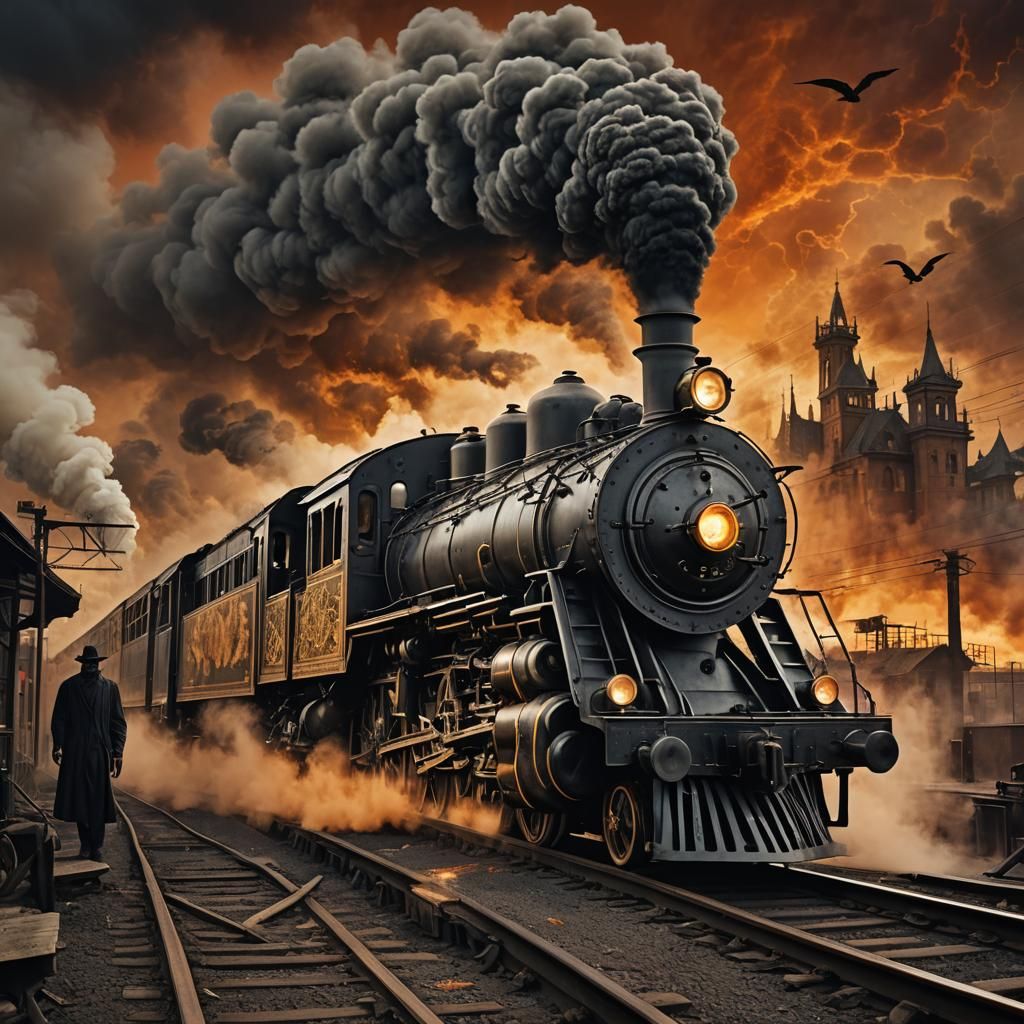 Surreal Steam Locomotive with Grim Reaper Skull