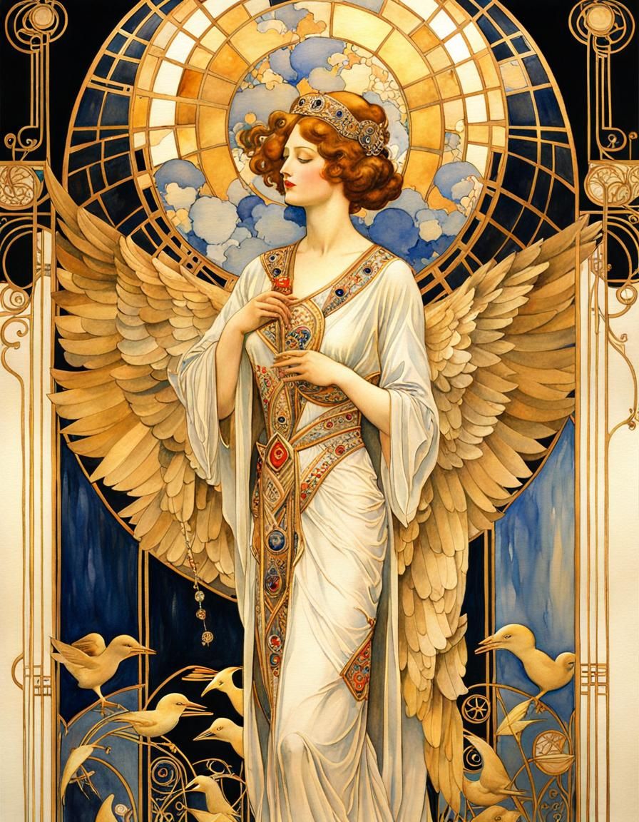 Art Deco Angel and Dove in Watercolor