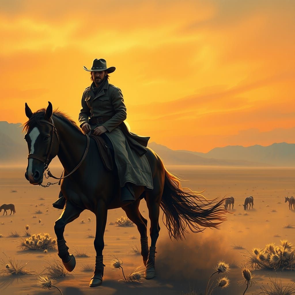 Cowboy Rides into Sunset: Western Art Style