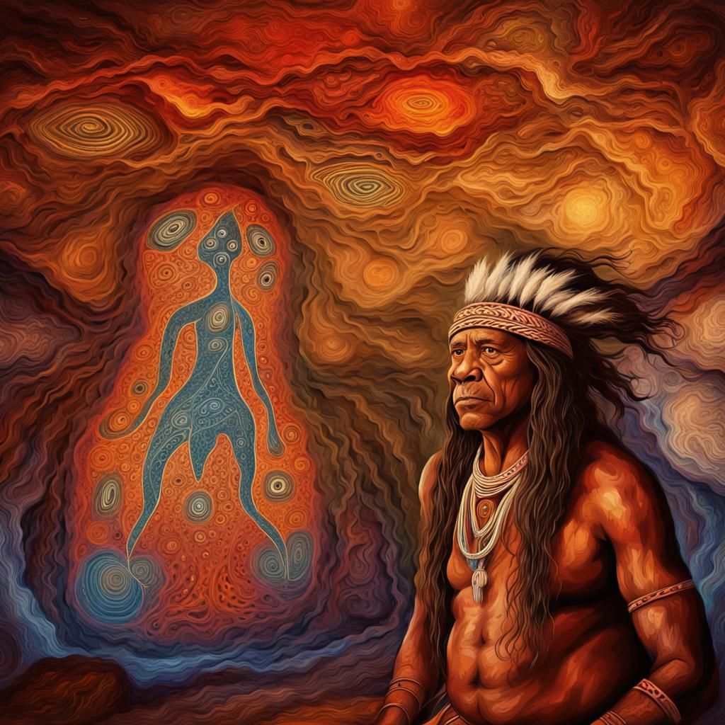 Aboriginal Shaman in Cave with Ancient Drawings