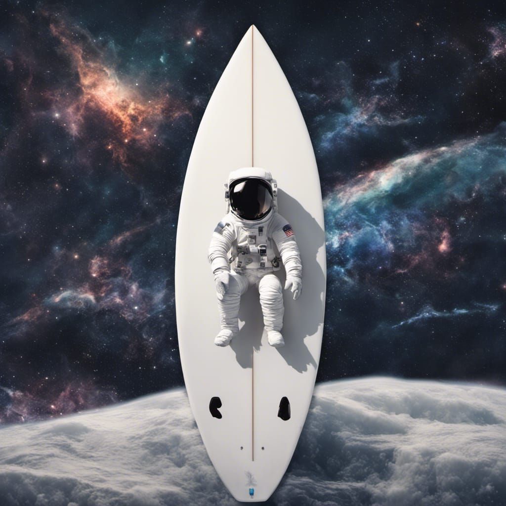 Astronaut Surfing a Galactic Surfboard in Space