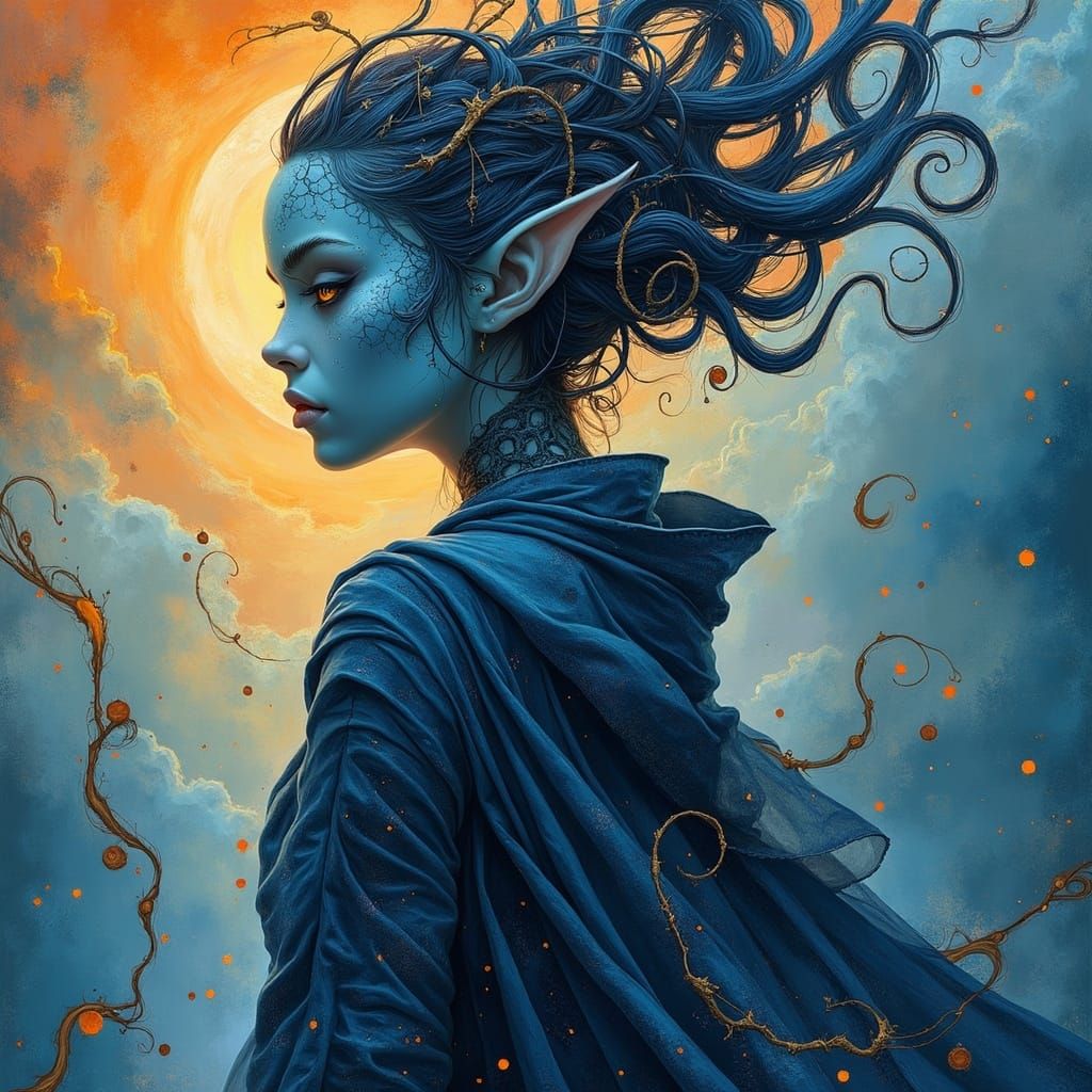 Enigmatic Tiefling Woman in Midnight Blue Robes