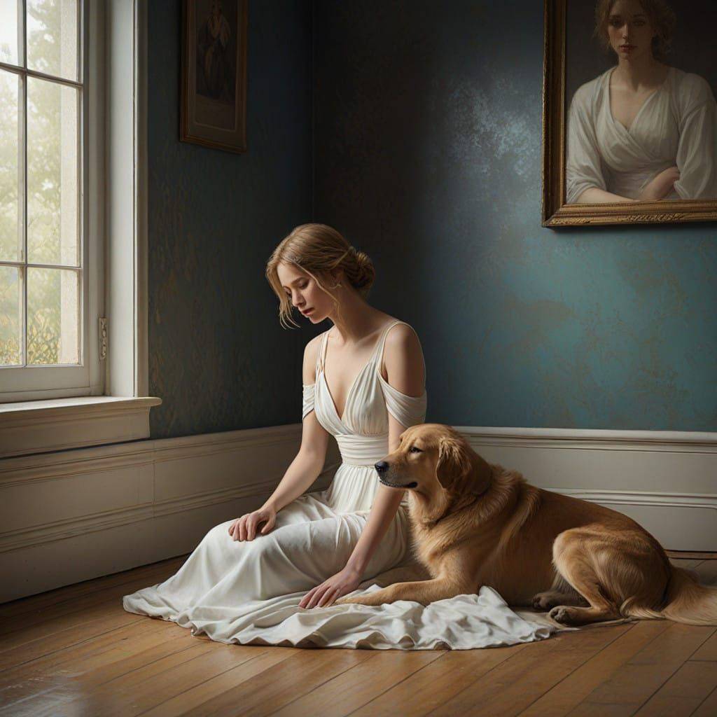 Heartbroken Woman Comforted by Loyal Golden Retriever
