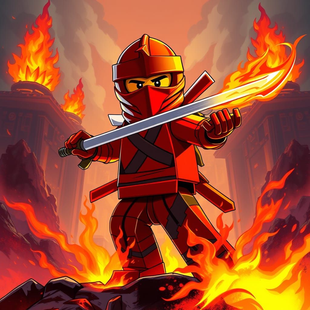 Red Ninja Hero Battles Fiery Temple