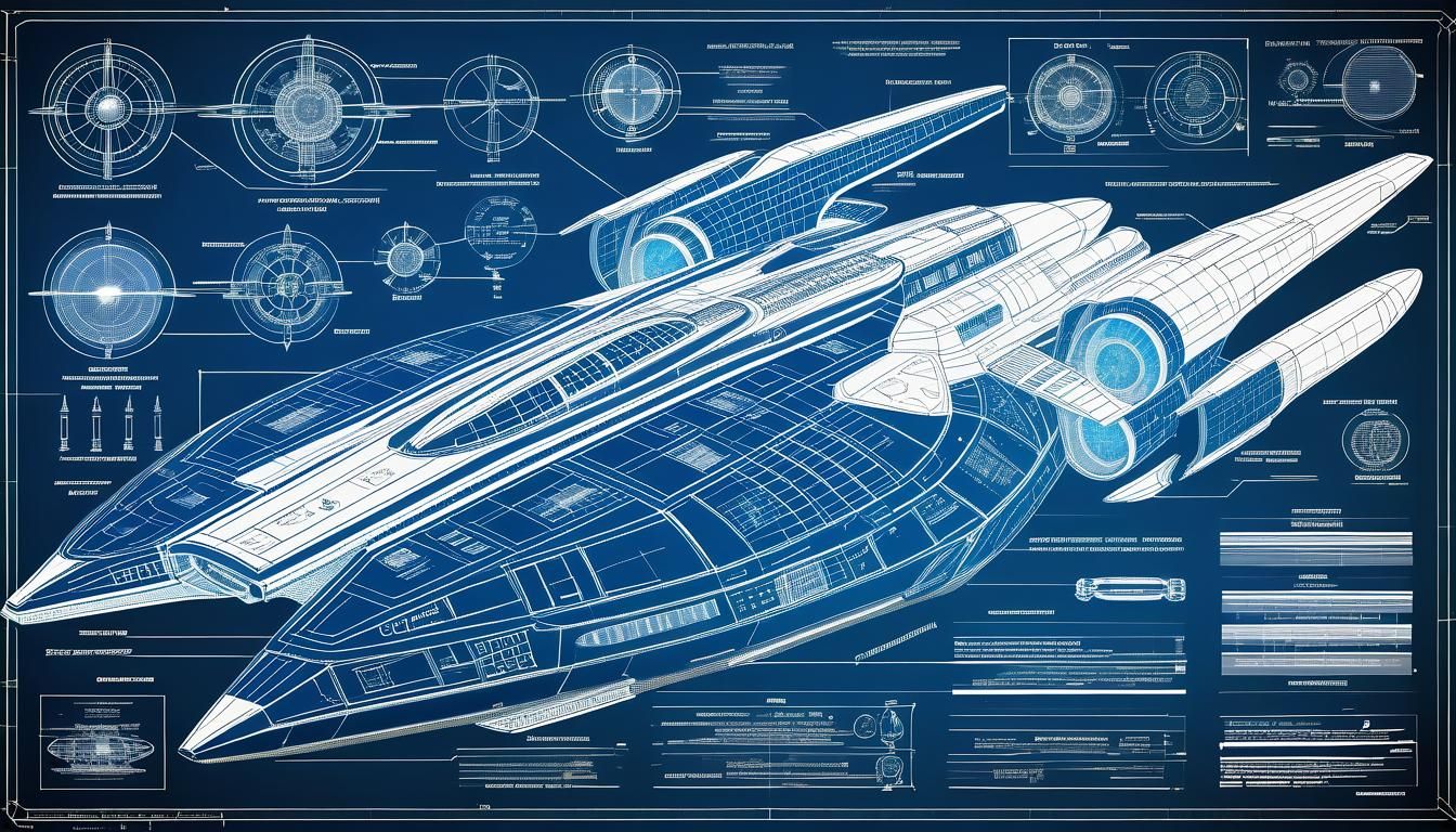 Technical schematics and blueprints of a futuristic spacecraft or starship, including various views and design elements....