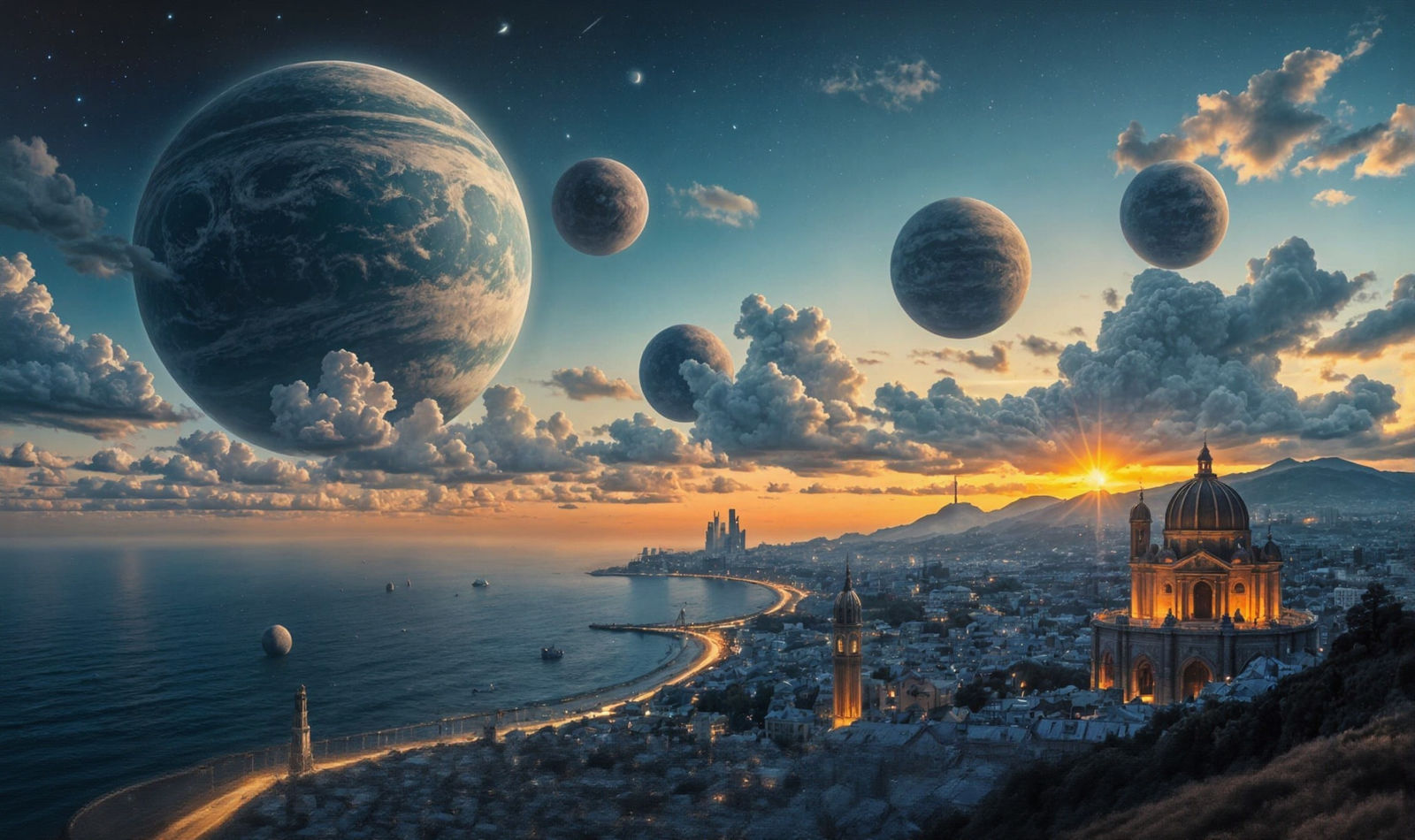 Cosmic Coastal Cityscape in Oil Painting Style