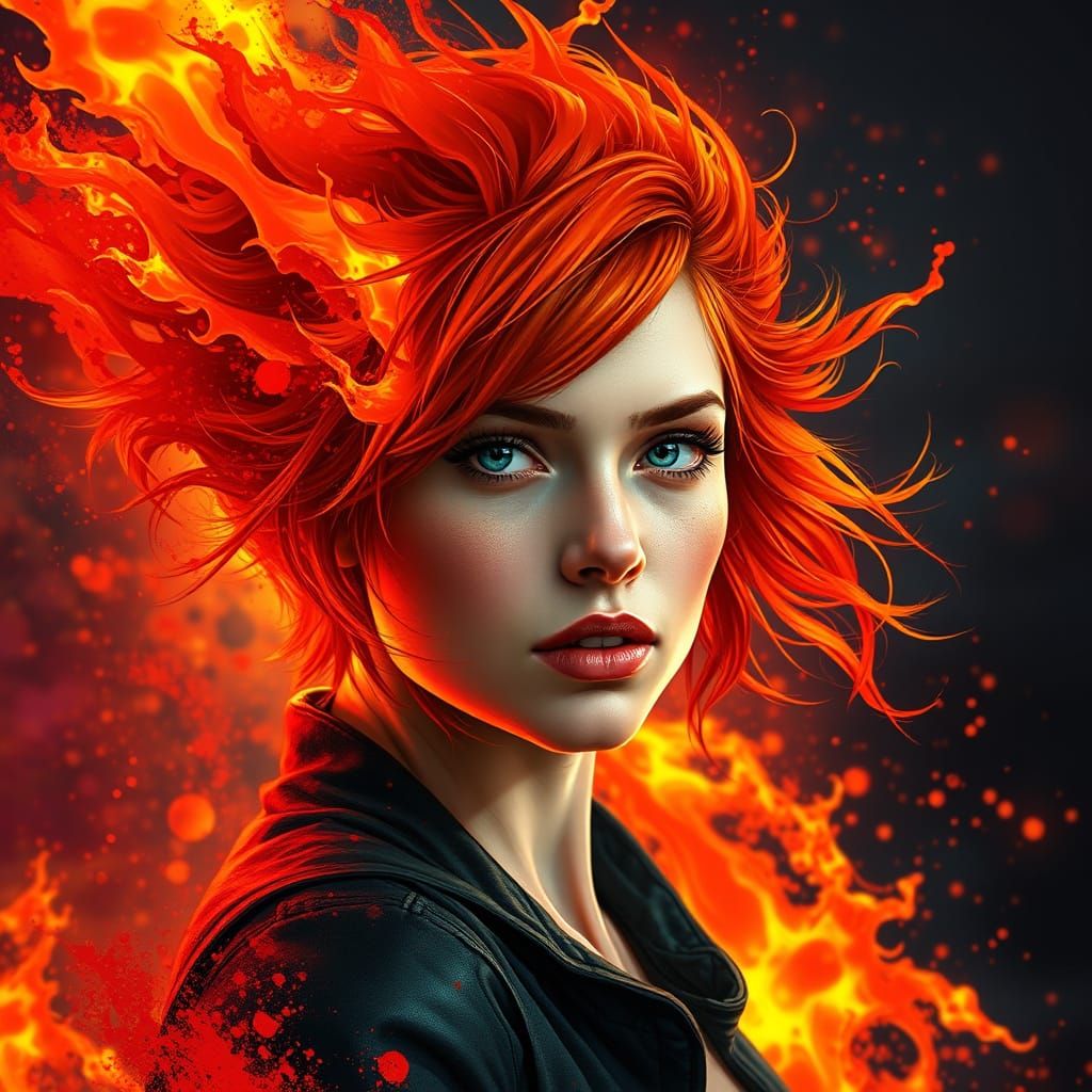Fiery Haired Woman in Dramatic Splash Art Explosion