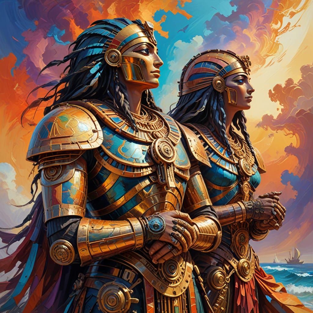 Egyptian Gods Isis and Horus in Mischief, Vibrant Oil Painti...