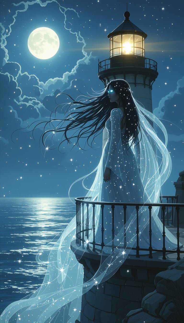 Spectral Starlight Woman Overlooking Moonlit Sea