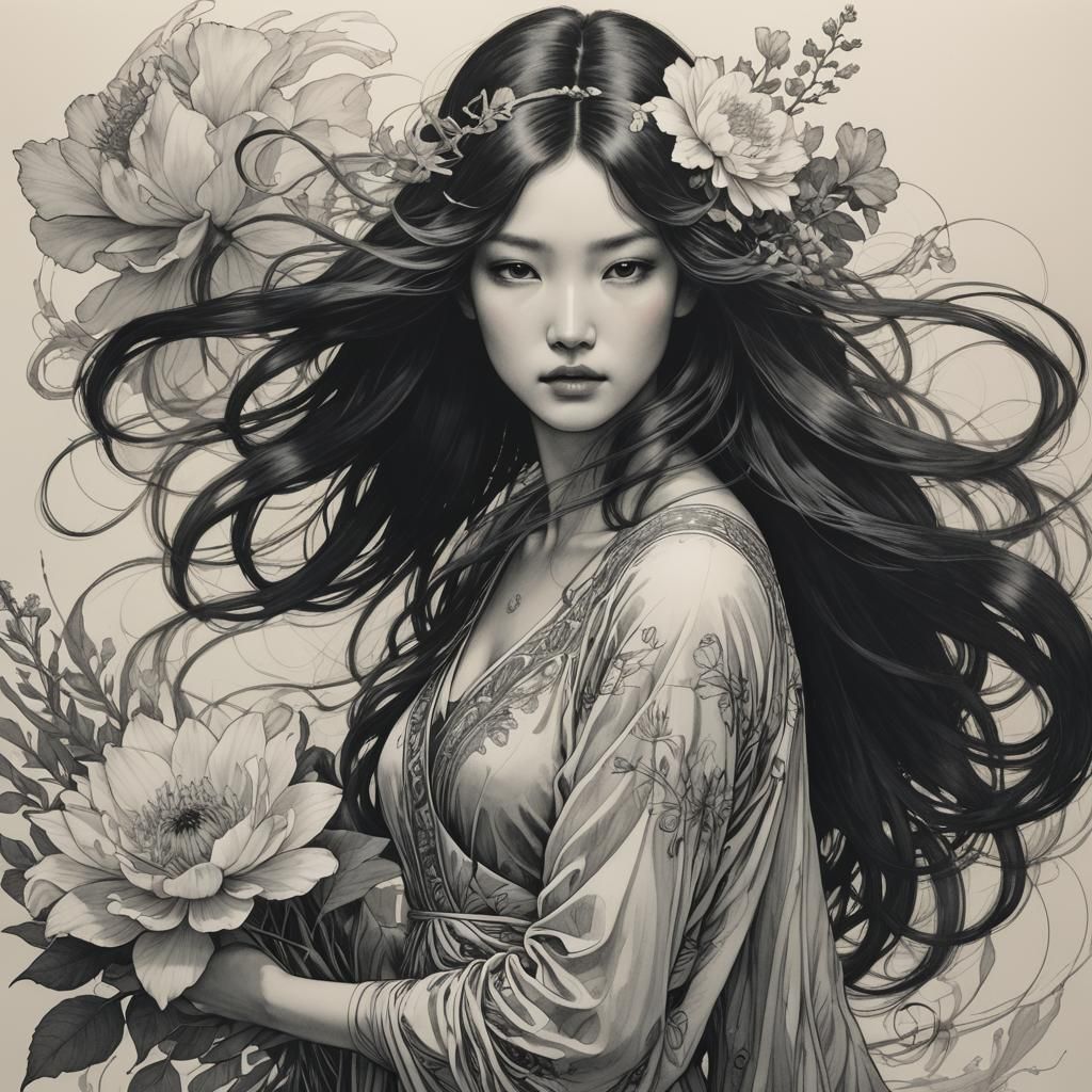 Monochrome Siren Portrait in Graphite and Etching