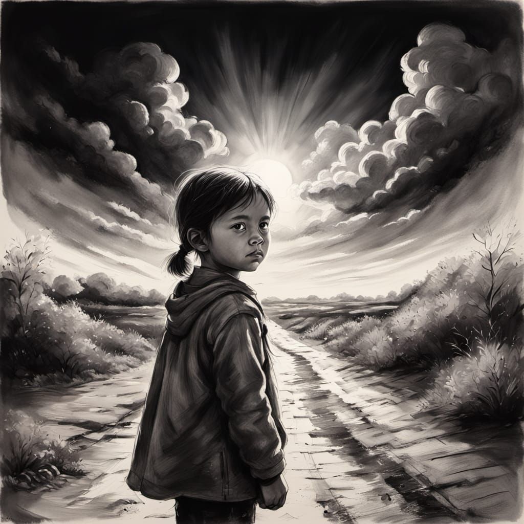 Child's Face in Divine Light, Gouache Painting Style