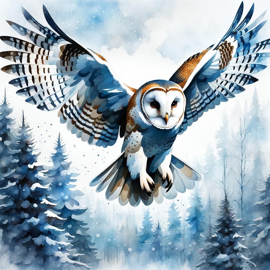 Majestic Barn Owl in Flight: Digital Watercolor Illustration