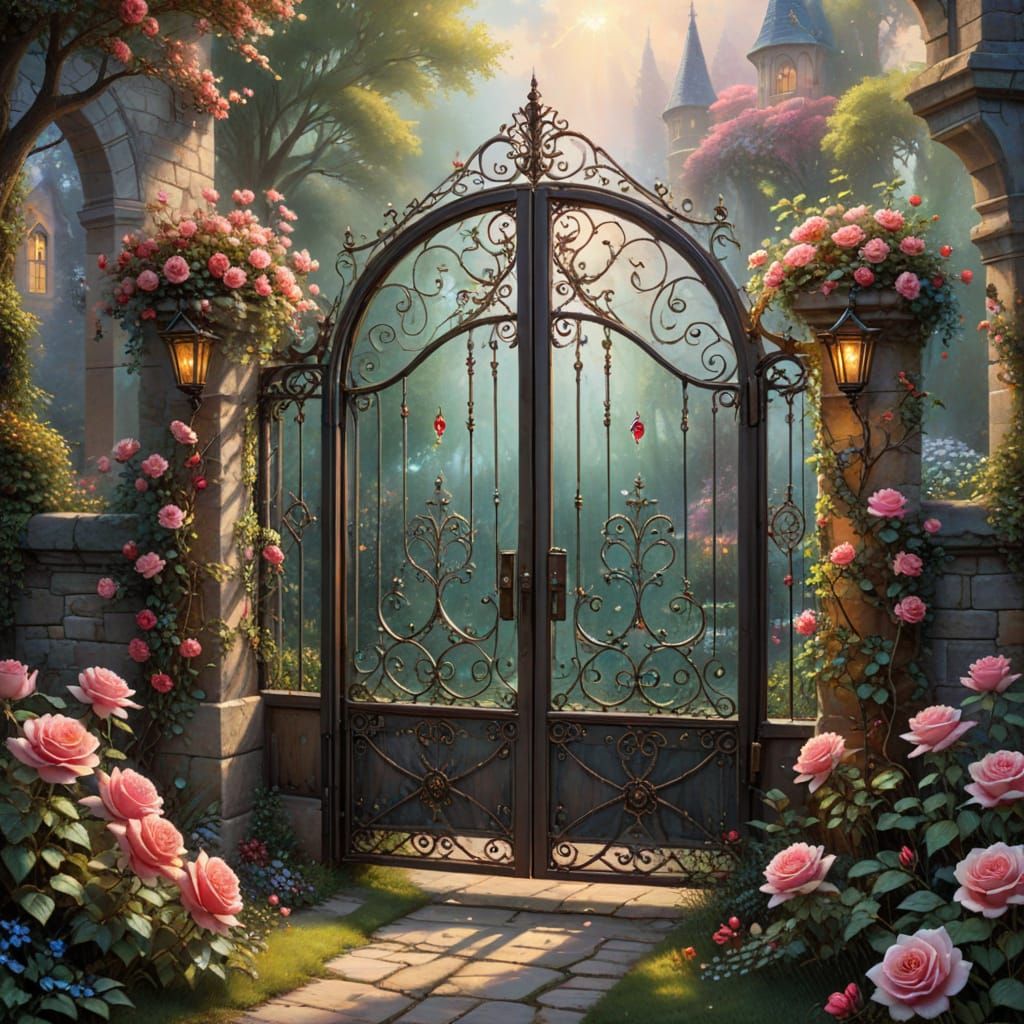 Intricate Stained Glass Garden Gate with Ruby Gems