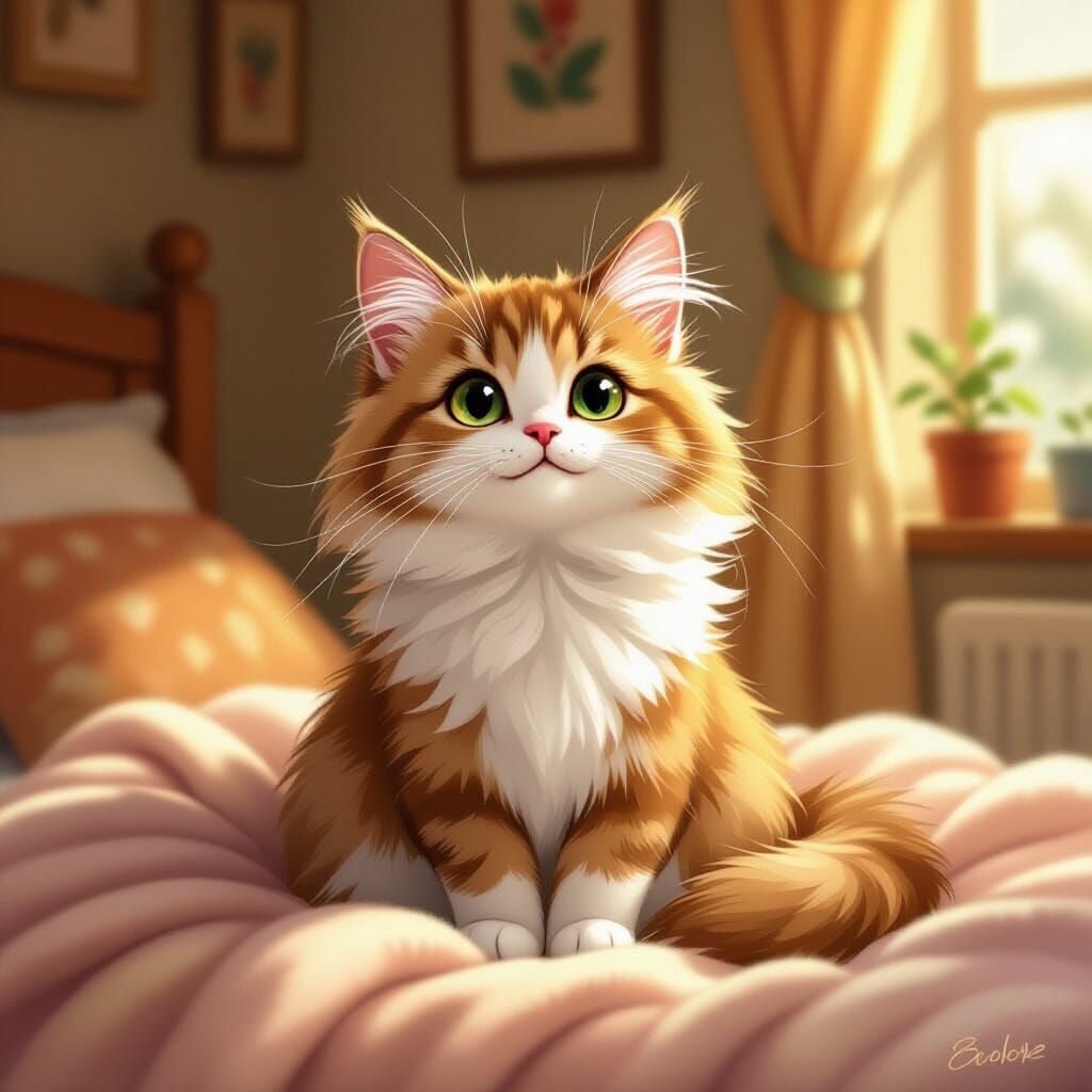Cute Cat in Cozy Room, Storybook Illustration