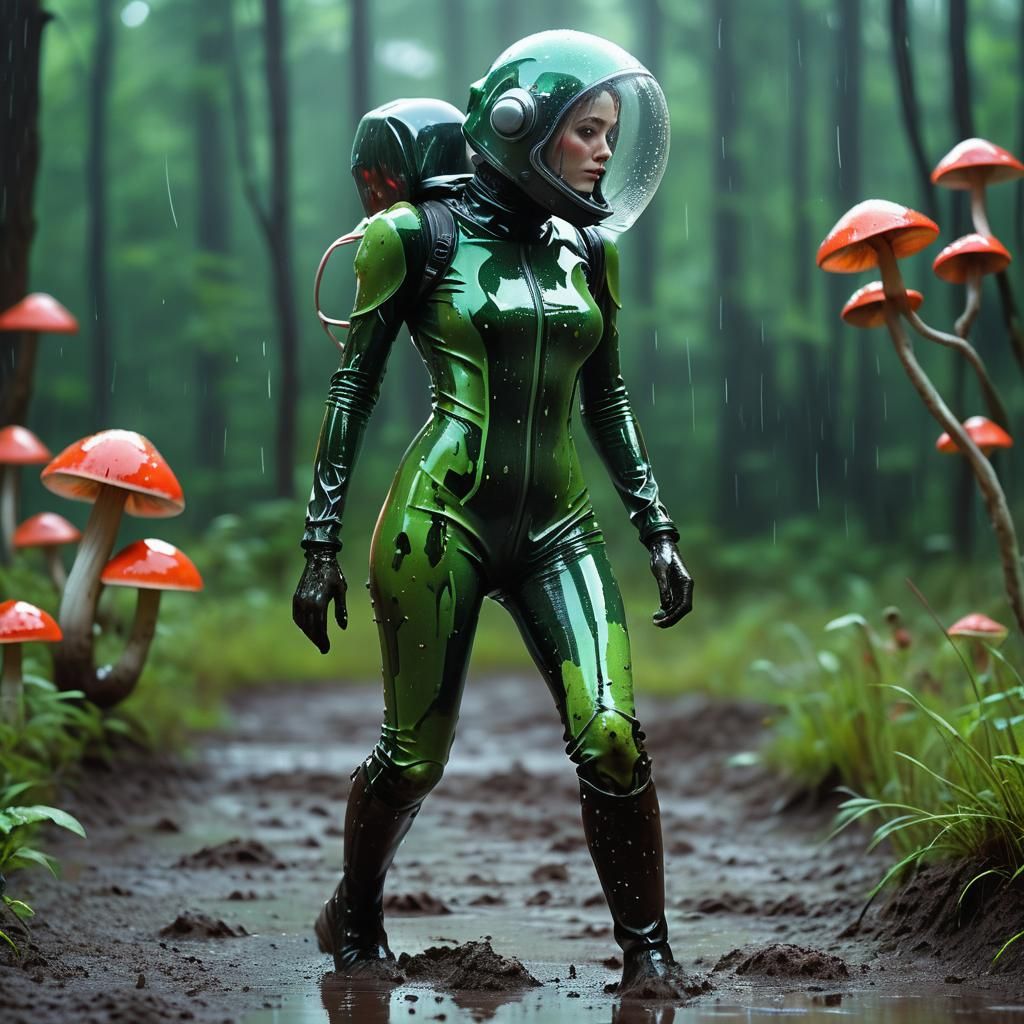 Woman in Green Latex Catsuit Among Mushrooms