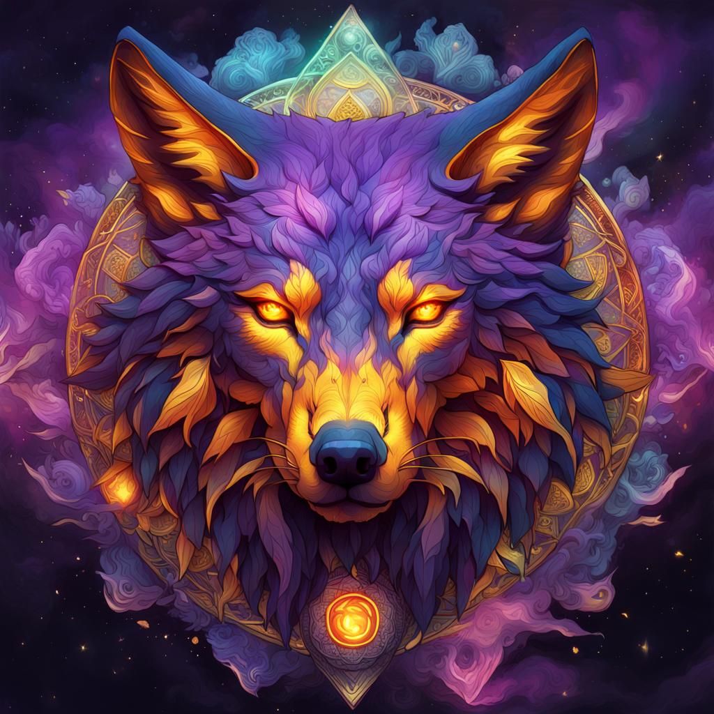 Flaming Purple Wolf with Golden Runes