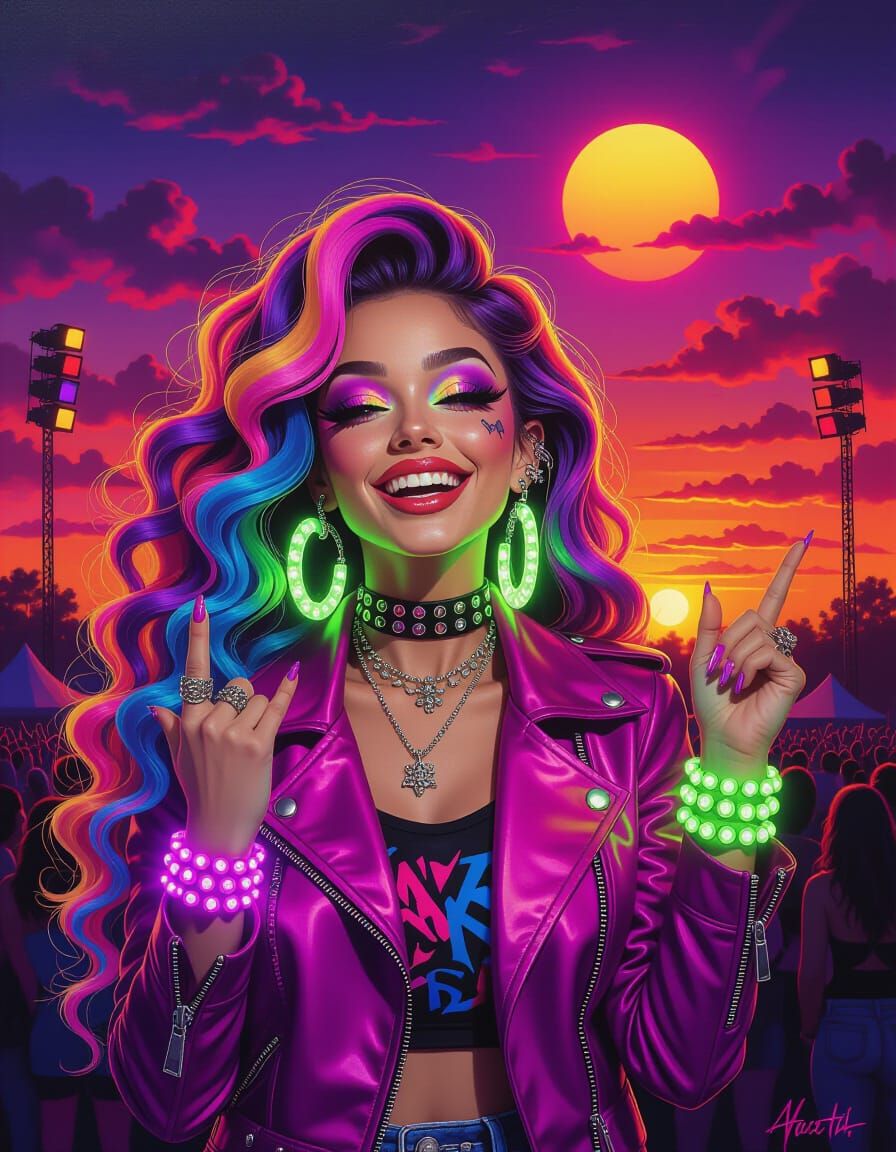 Whimsical Goth Girl Rocking Out in Pastel Rainbow Curls