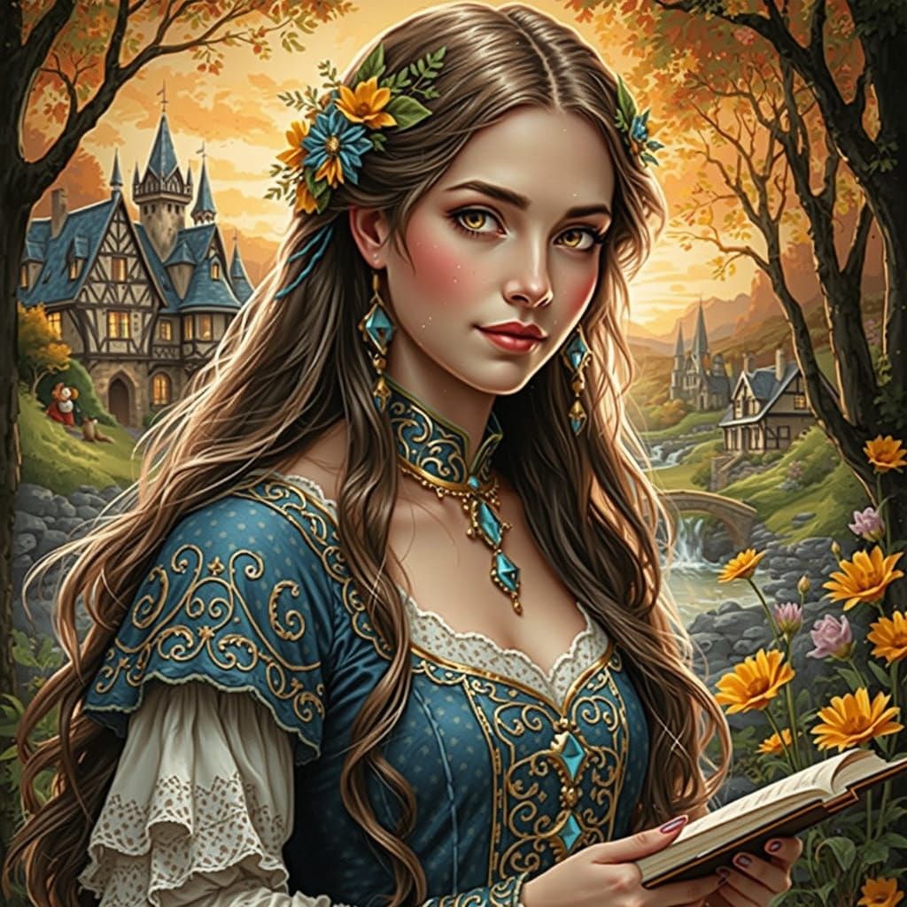 Medieval Maiden in Whimsical Village Setting