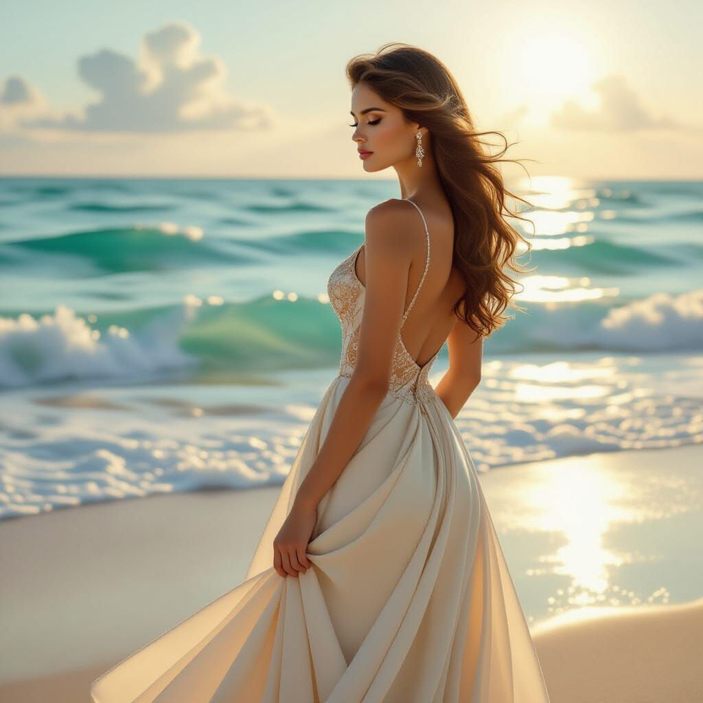 Elegant Woman in Gown Contemplates Turquoise Sea