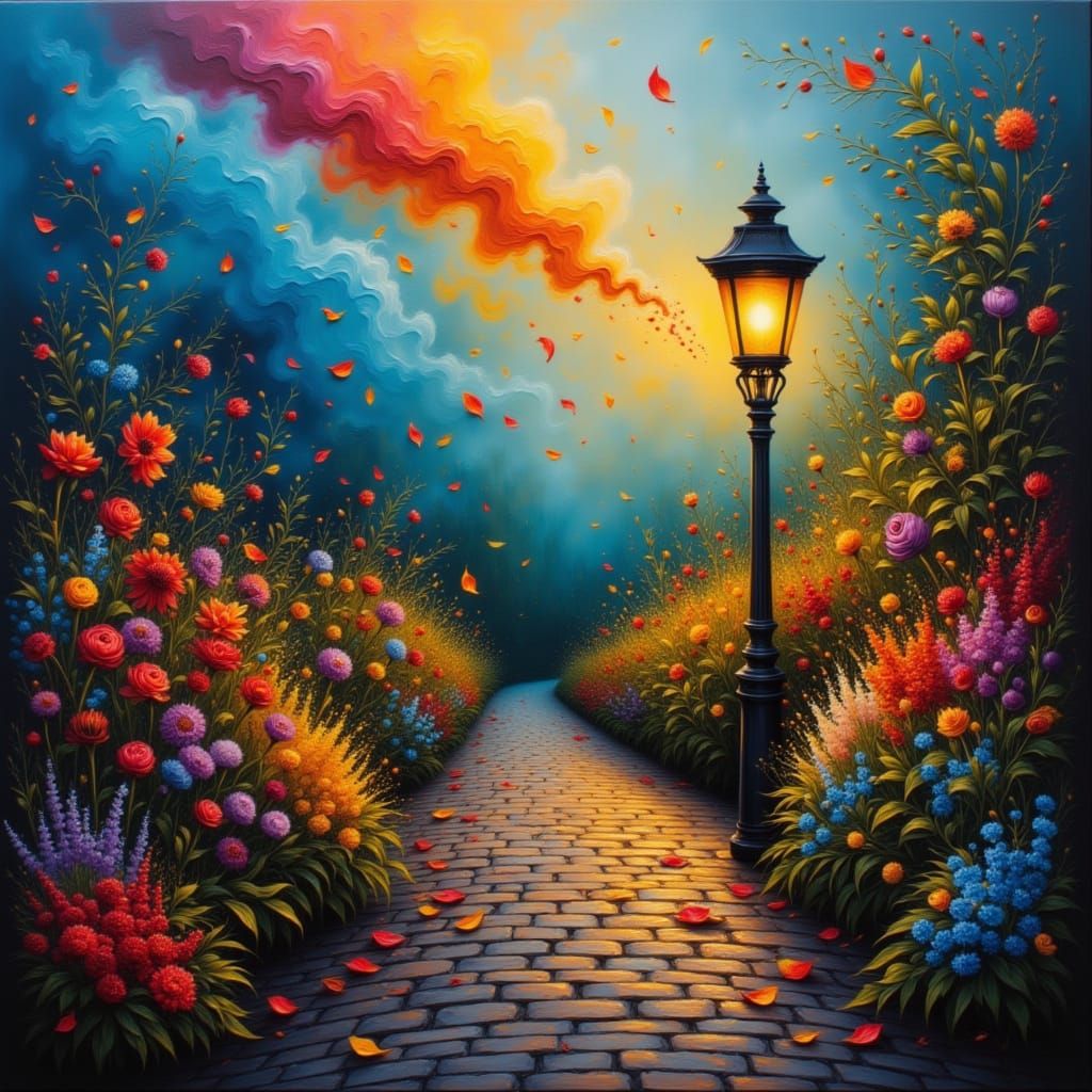 Lantern Glow on Cobblestone Path with Wildflowers