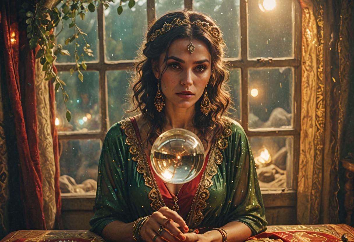 Gypsy Sorceress Reading Future in Crystal Ball