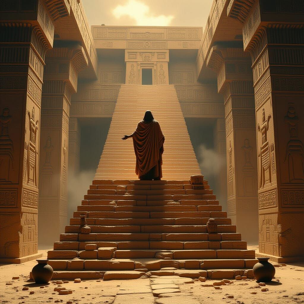 Mystical Sumerian Priest on Ziggurat in Dark Sci-Fi Style