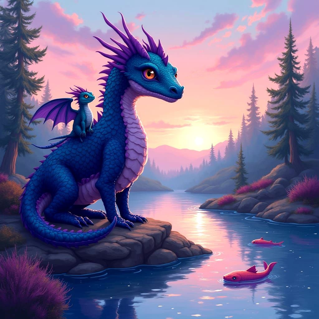 Sunset Dragon Mother and Baby Watching Koi