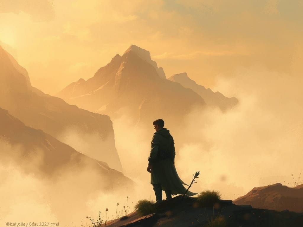 Contemplative Figure in Misty Mountains, Ethereal Glow