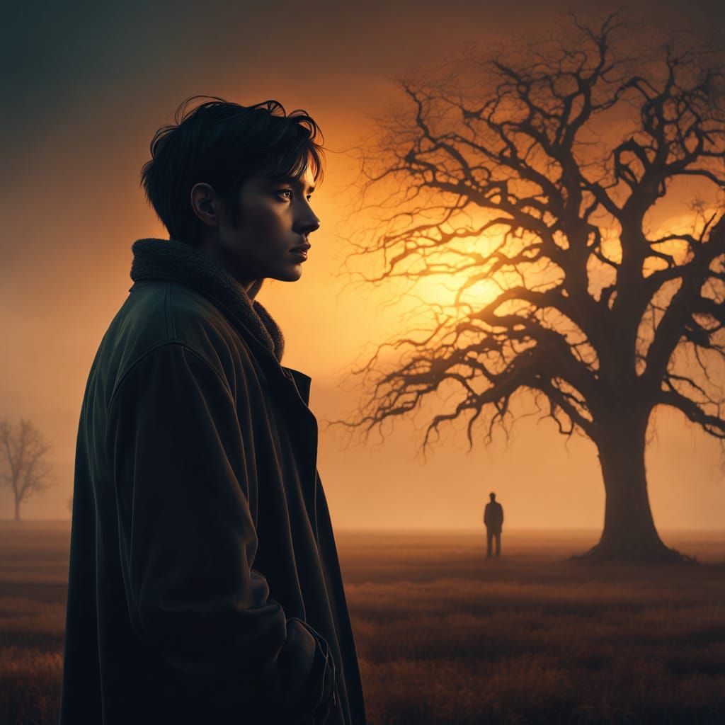 Melancholic Figure in Golden Hour Glow: Digital Art