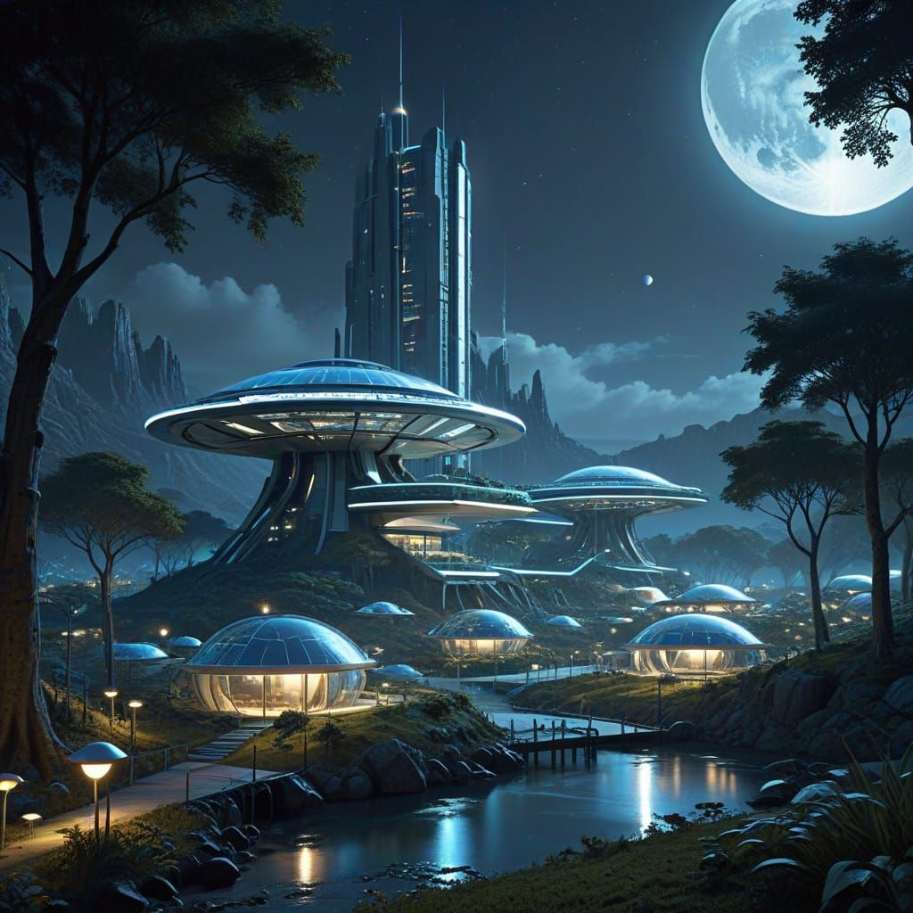 Lunar Utopia Concept Art: Serene Futuristic Neighborhood