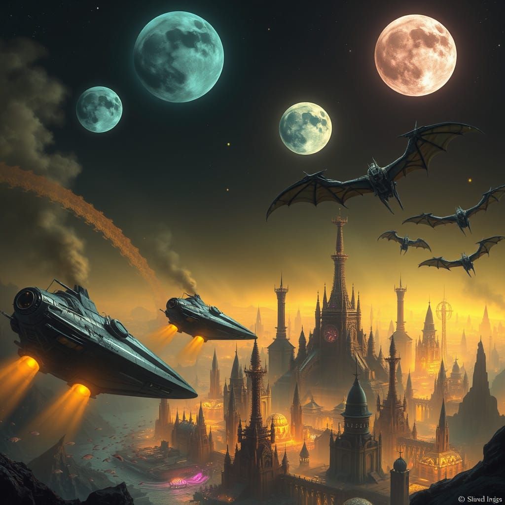 Surreal Futuristic Spaceships Crash Land on Golden Planet wi...