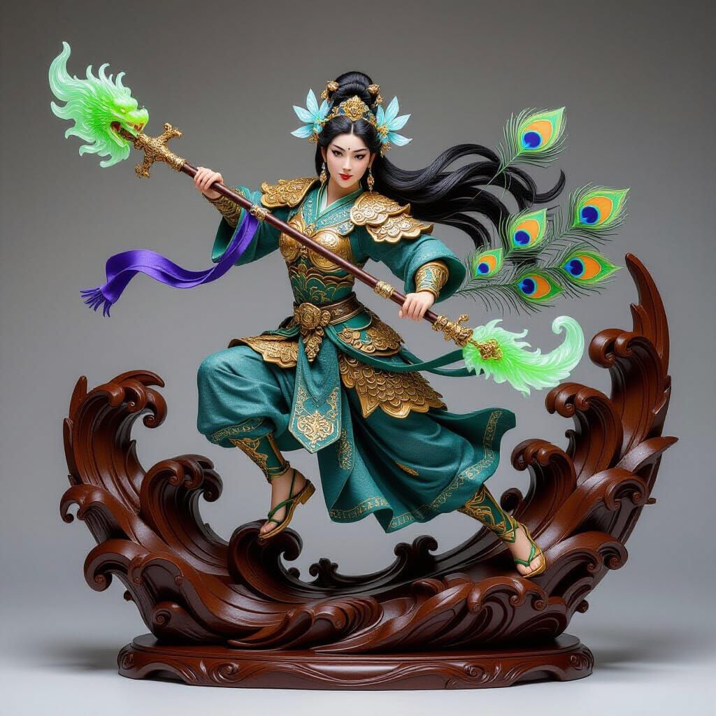 Ancient Chinese Warrior Goddess Wooden Sculpture