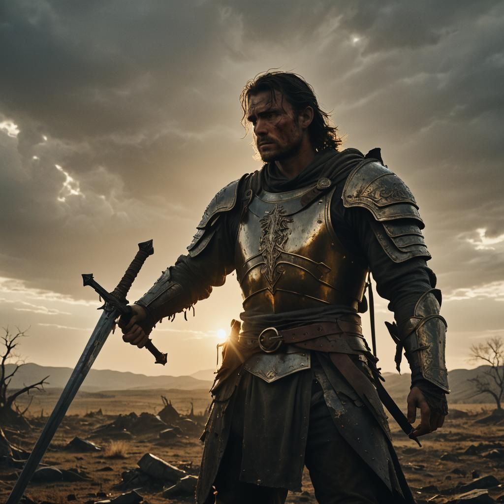 Warrior's Defiance on a Desolate Battlefield