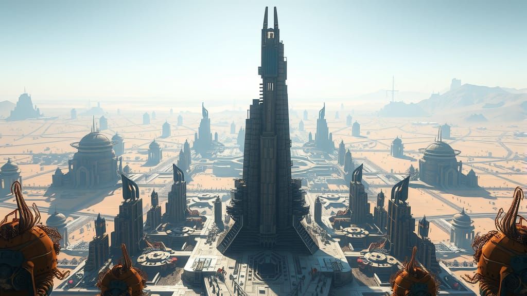 Alien Metropolis on Desert Planet in Brutalist Style