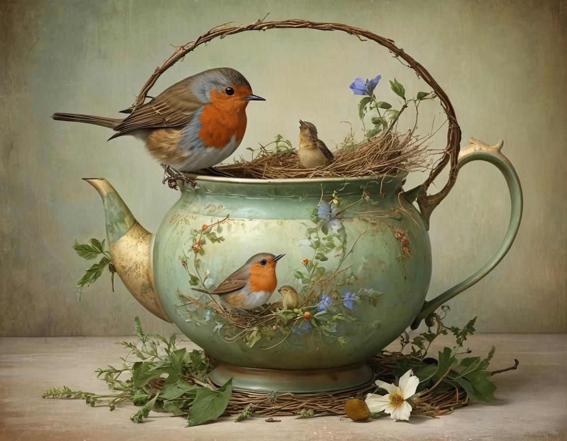Robin's Teapot Nest: Whimsical Storybook Illustration
