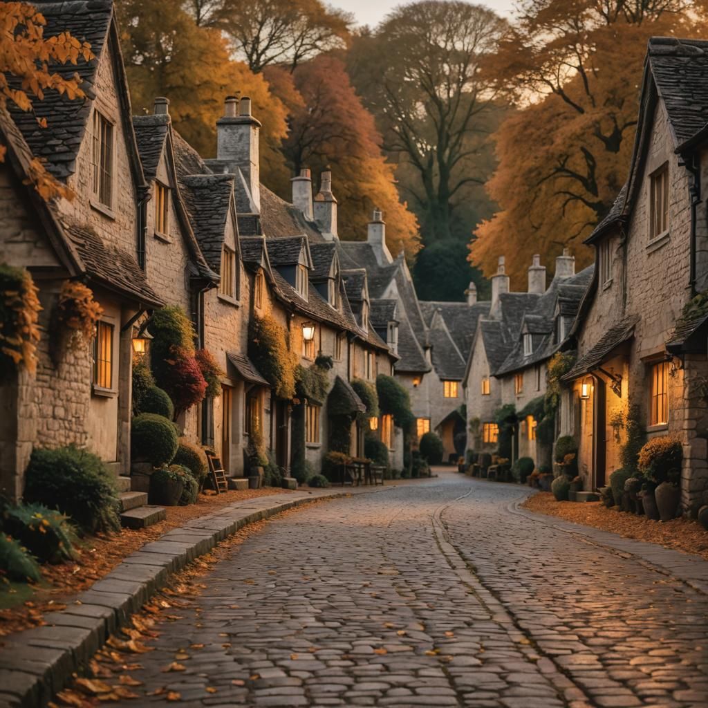 Bibury Street at Autumn Dusk in Golden Light