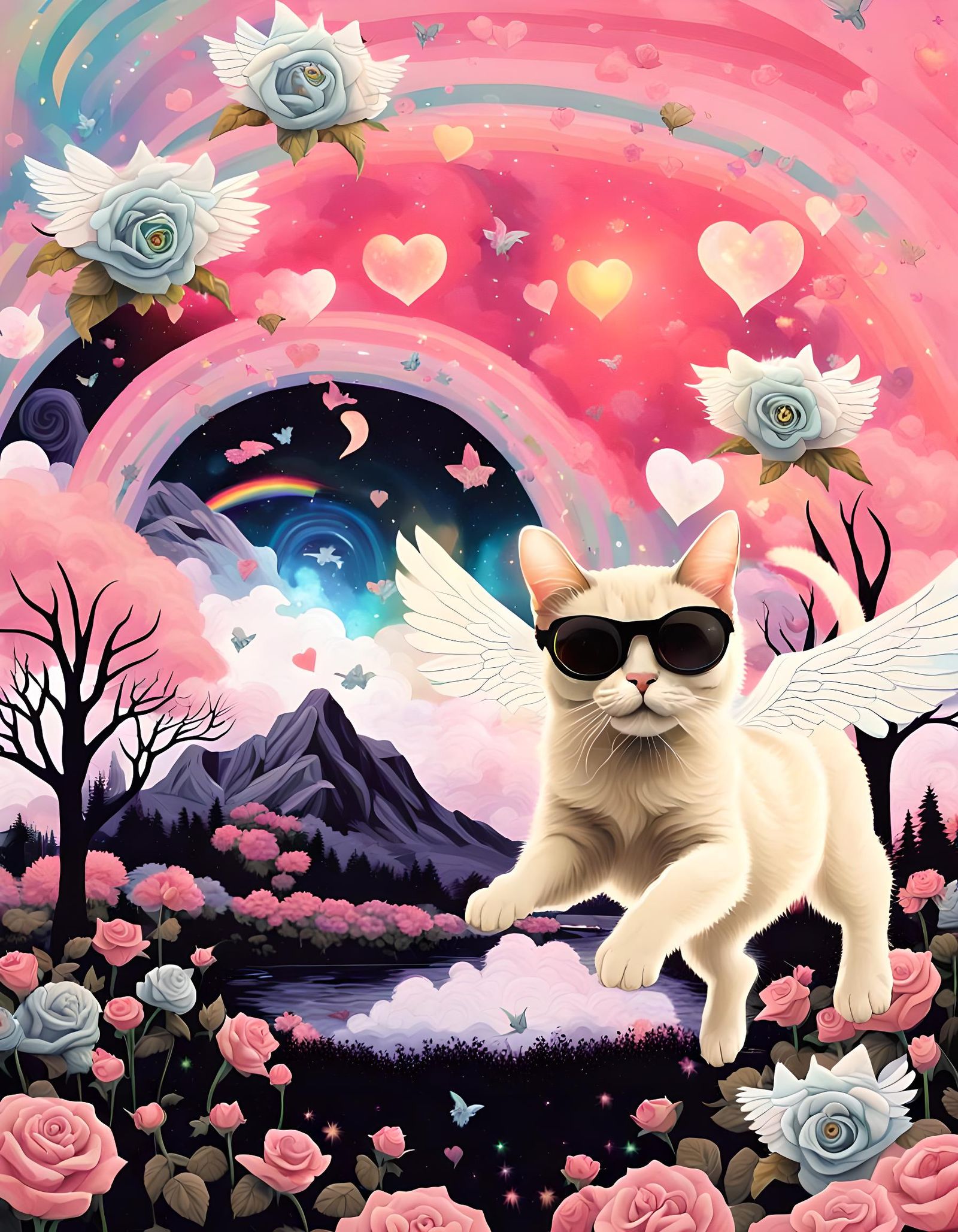 Winged Cat in Mystical Garden, Splash Art Style