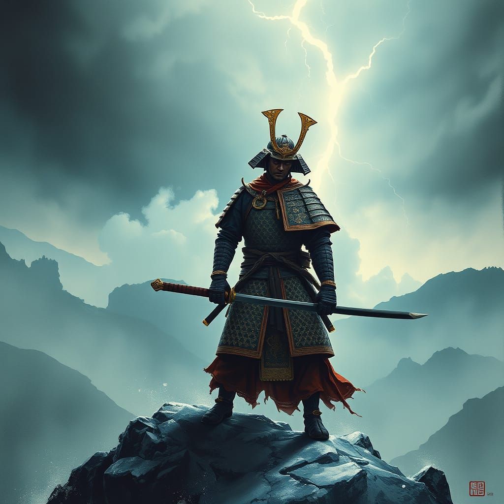 Samurai Warrior in Storm, Sumi-e Ink Wash Style