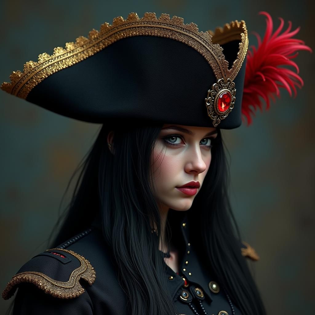 Black Pirate Hat with Gold Trim and Feathers