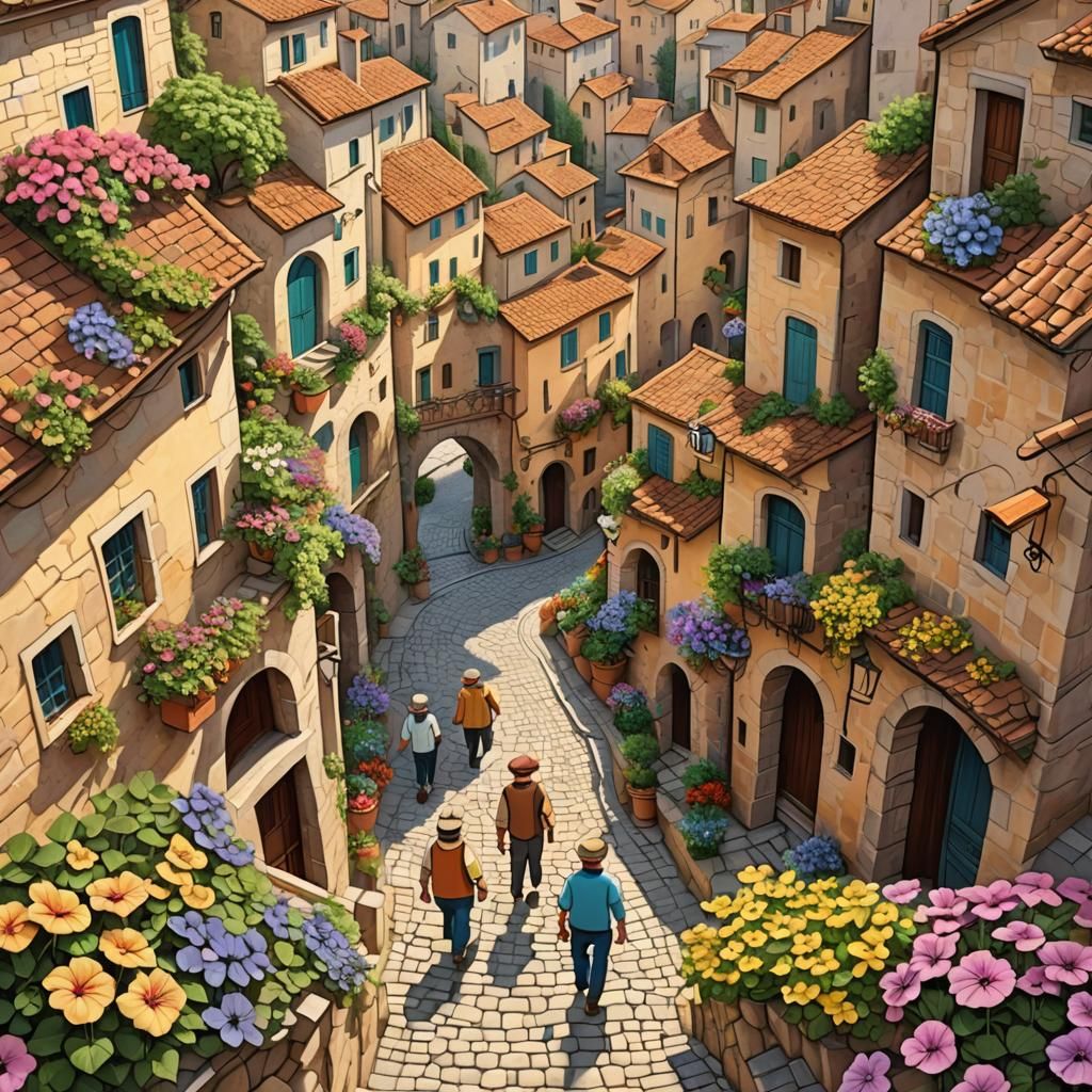 Whimsical Italian Village Scene in Digital Art