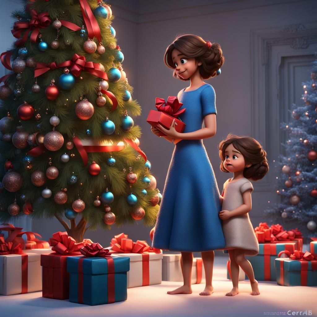 Mother and Baby Opening Christmas Gifts: Pixar Style