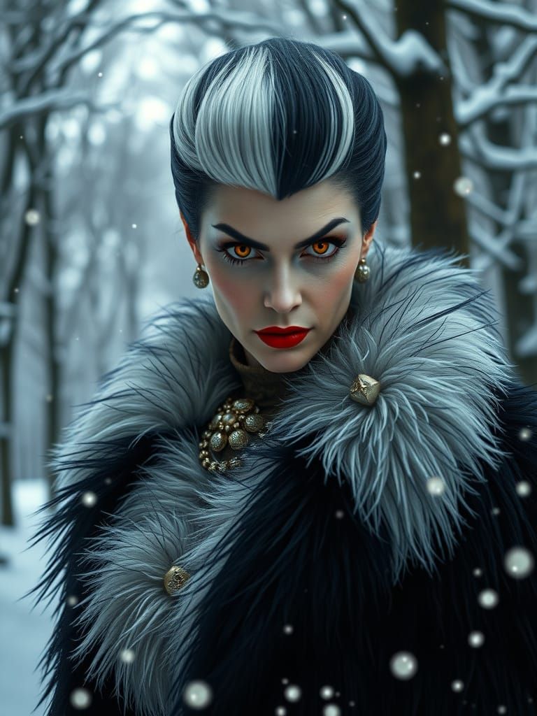 Cruella's Intense Stare in a Winter Forest