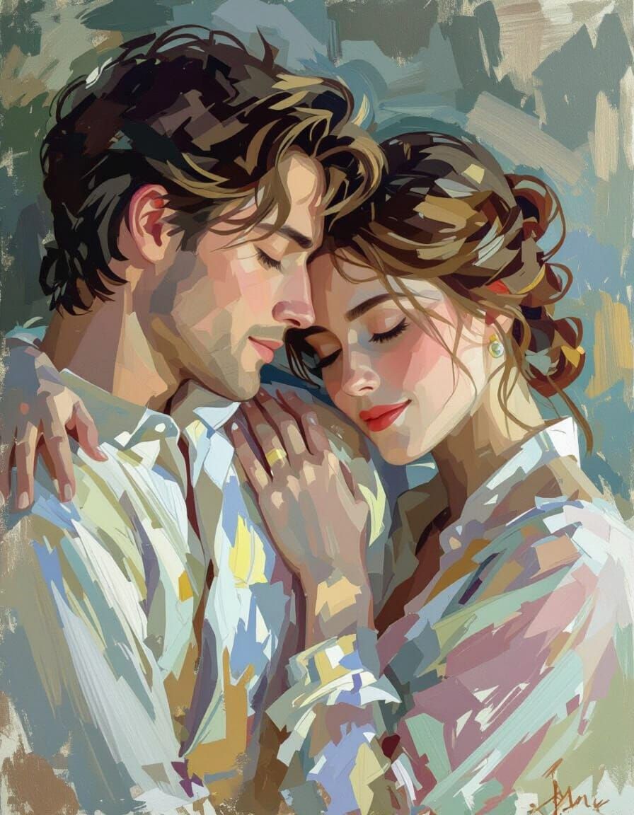 Romantic Couple Embracing At Sunset Oil Painting