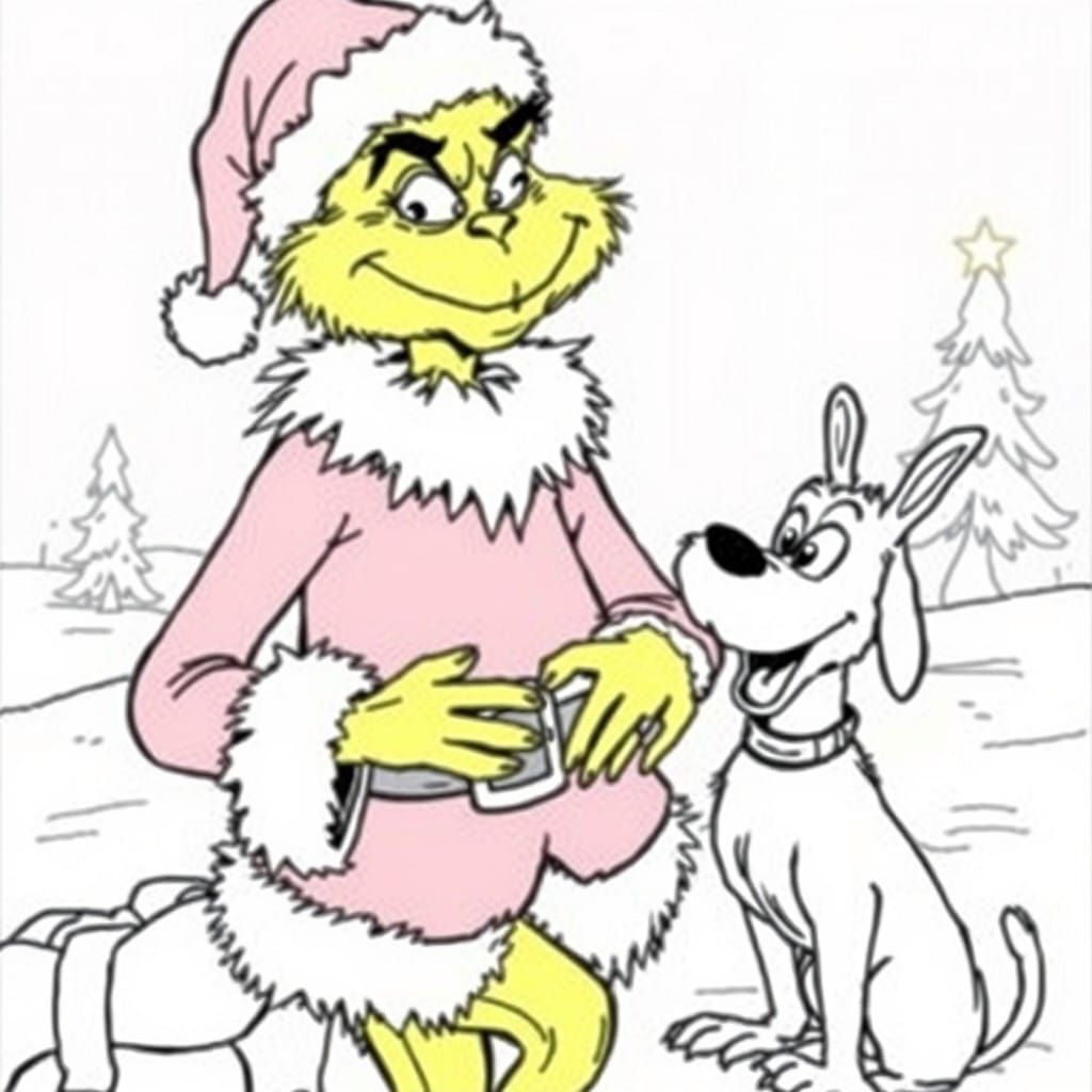 The Grinch being Santa with Max the dog. Black and white col...